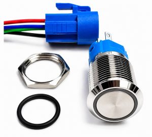 Przycisk bistabilny 16mm LED Niebieski 12–24V DC IP67 IK10 z kostką