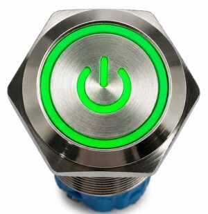 Przełącznik metalowy bistabilny 16mm LED Zielony 12–24V DC IP67z kostką