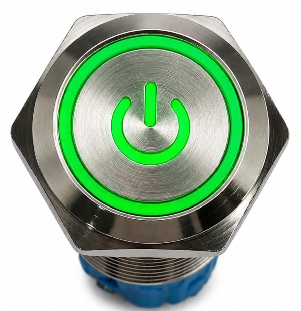 Przełącznik metalowy bistabilny 16mm LED Zielony 12–24V DC IP67z kostką